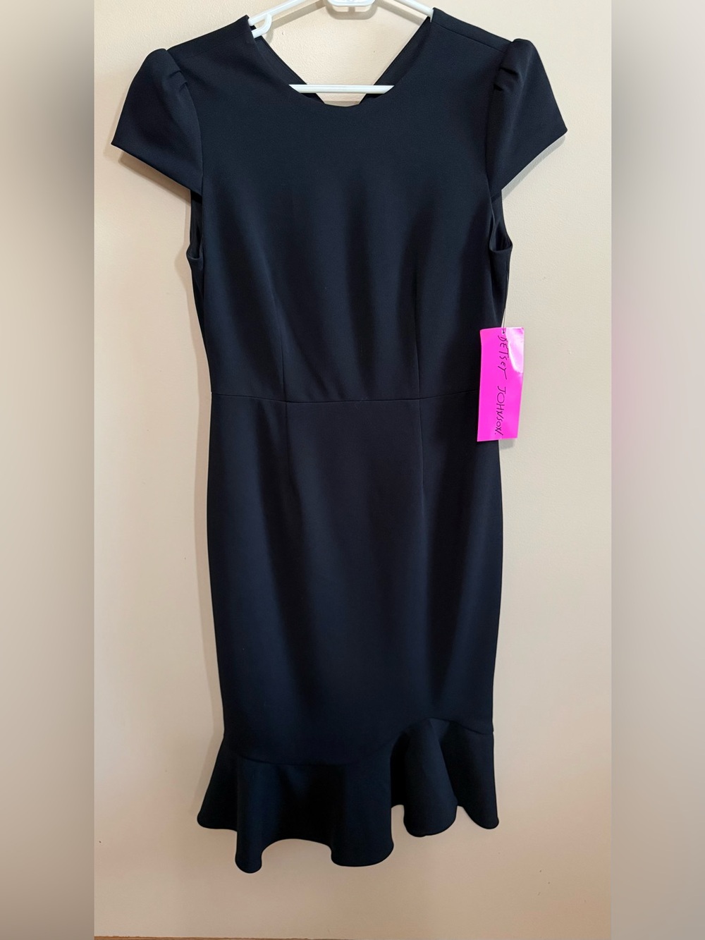 NWT Betsey Johnson Black Scuba Crepe Midi Dress with Flounce Hem Sz 6